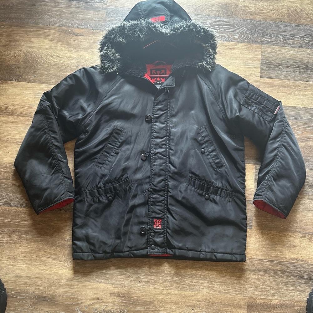 Independent Trucks Men's  Black and Red Parka with Faux Fur Hood